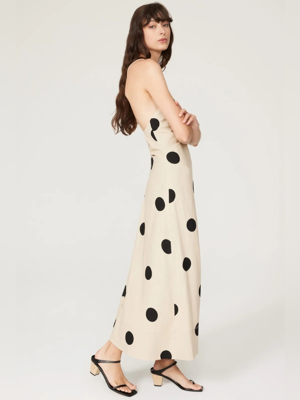 Tanya Taylor Women's Midi Meredith Dress, Tan/Black Polka Dot Linen Size 10 $565 - Picture 2 of 14